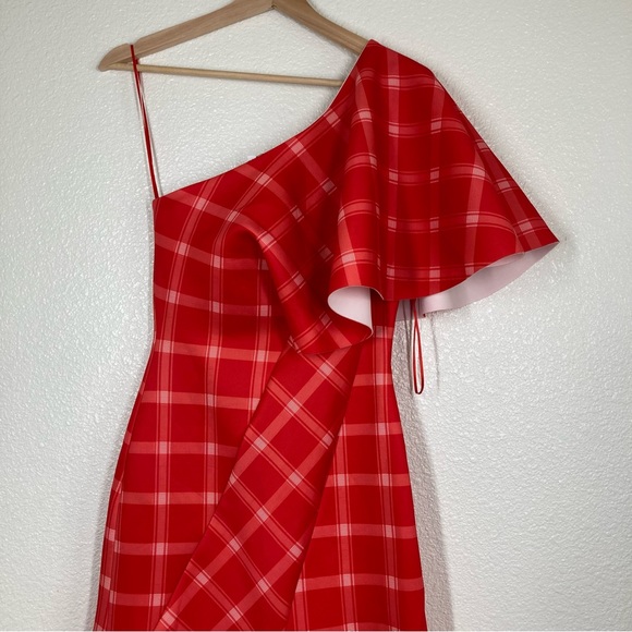 Asos peanut Girls One Shoulder Plaid Midi Dress Size 2 Red shawl Sleeve NWT - Picture 8 of 16